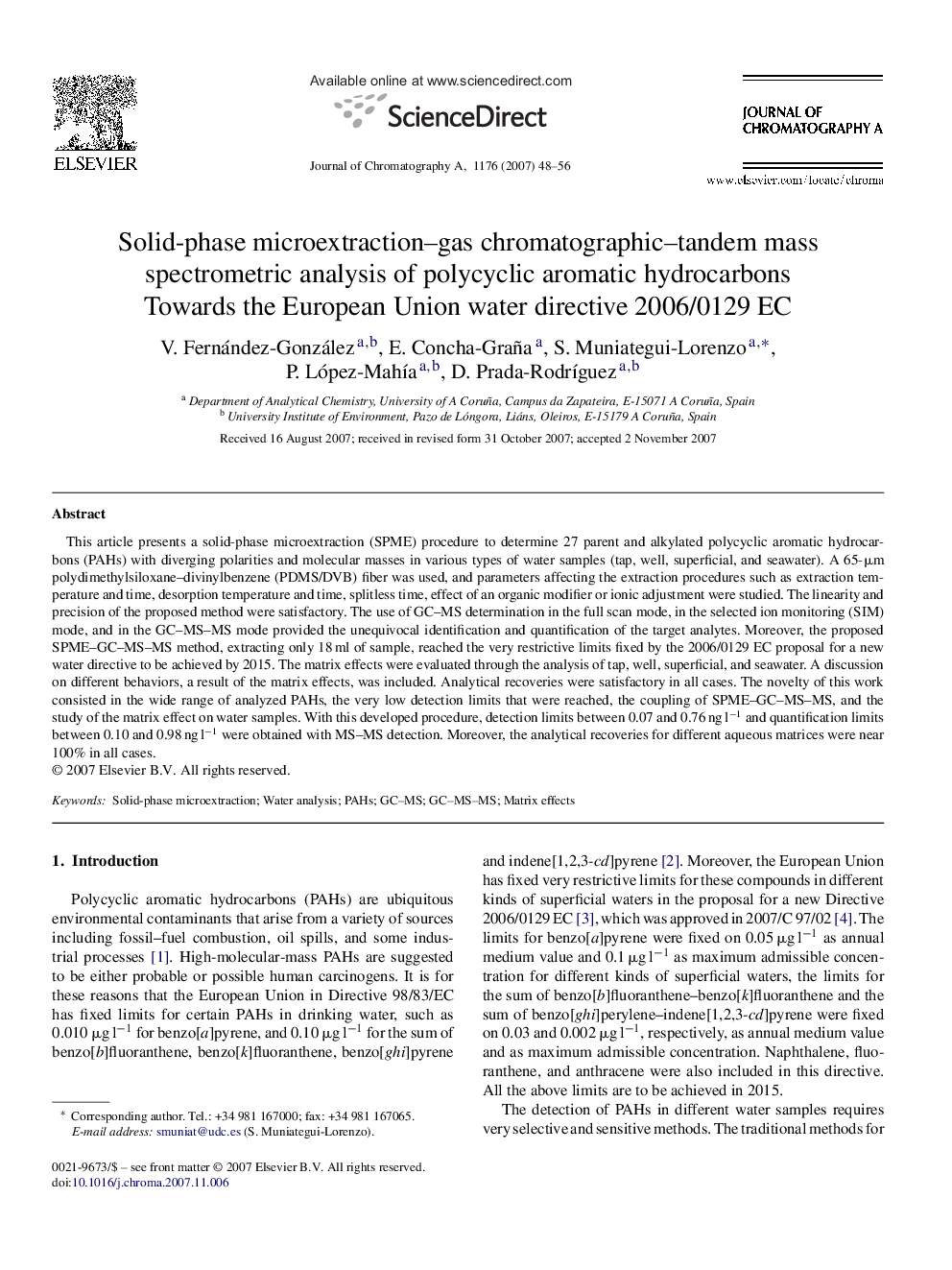 Solid-phase microextraction–gas chromatographic–tandem mass spectrometric analysis of polycyclic aromatic hydrocarbons: Towards the European Union water directive 2006/0129 EC