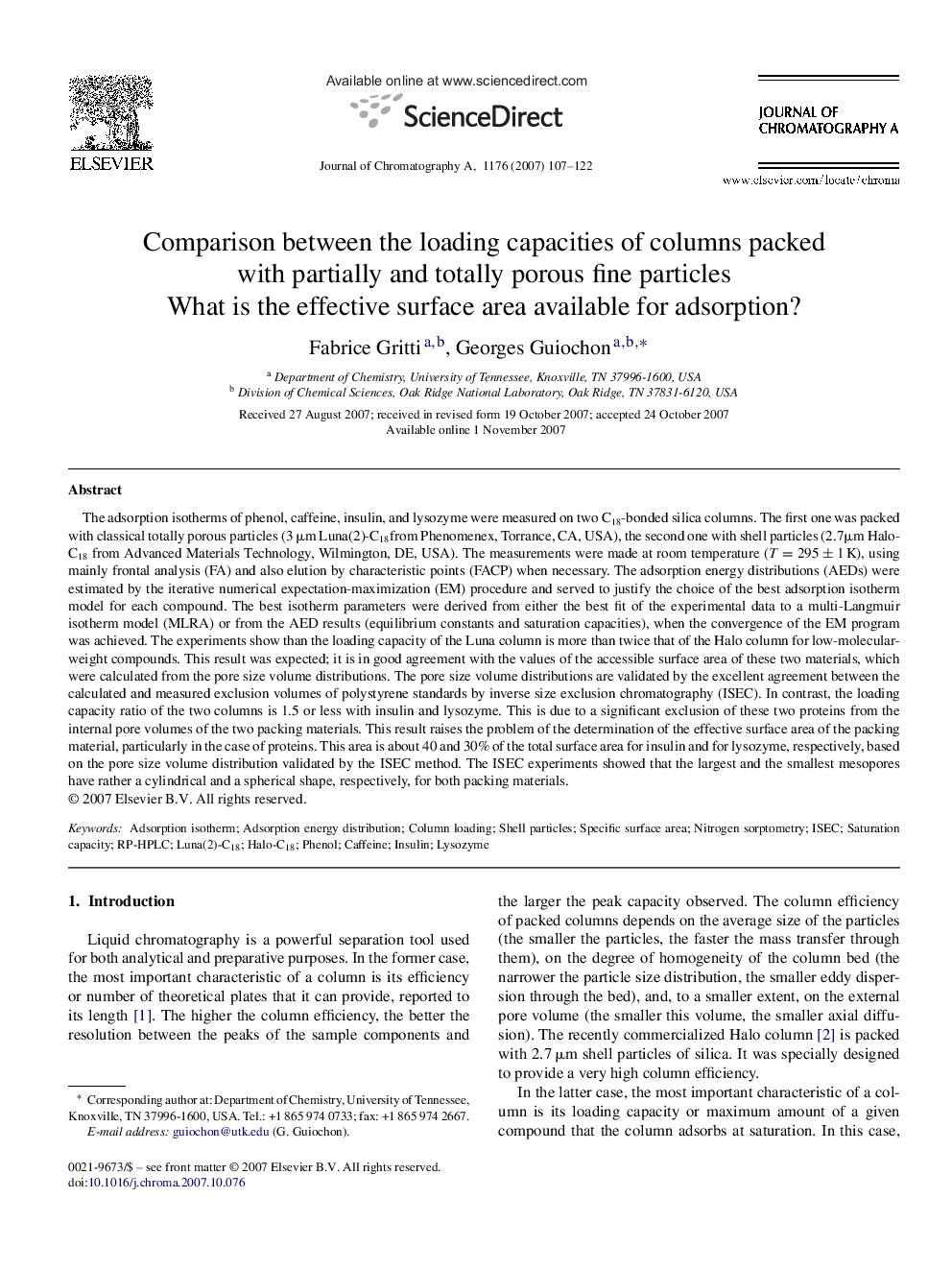 Comparison between the loading capacities of columns packed with partially and totally porous fine particles: What is the effective surface area available for adsorption?