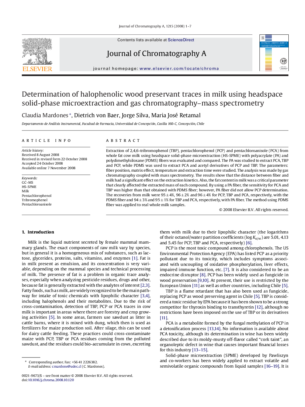 Determination of halophenolic wood preservant traces in milk using headspace solid-phase microextraction and gas chromatography–mass spectrometry