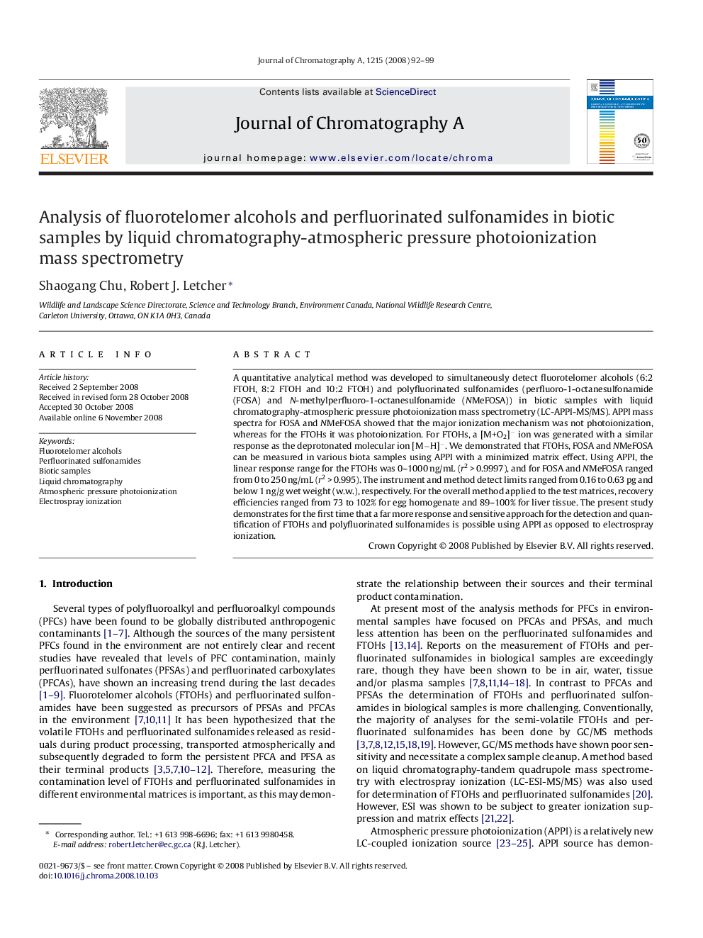 Analysis of fluorotelomer alcohols and perfluorinated sulfonamides in biotic samples by liquid chromatography-atmospheric pressure photoionization mass spectrometry