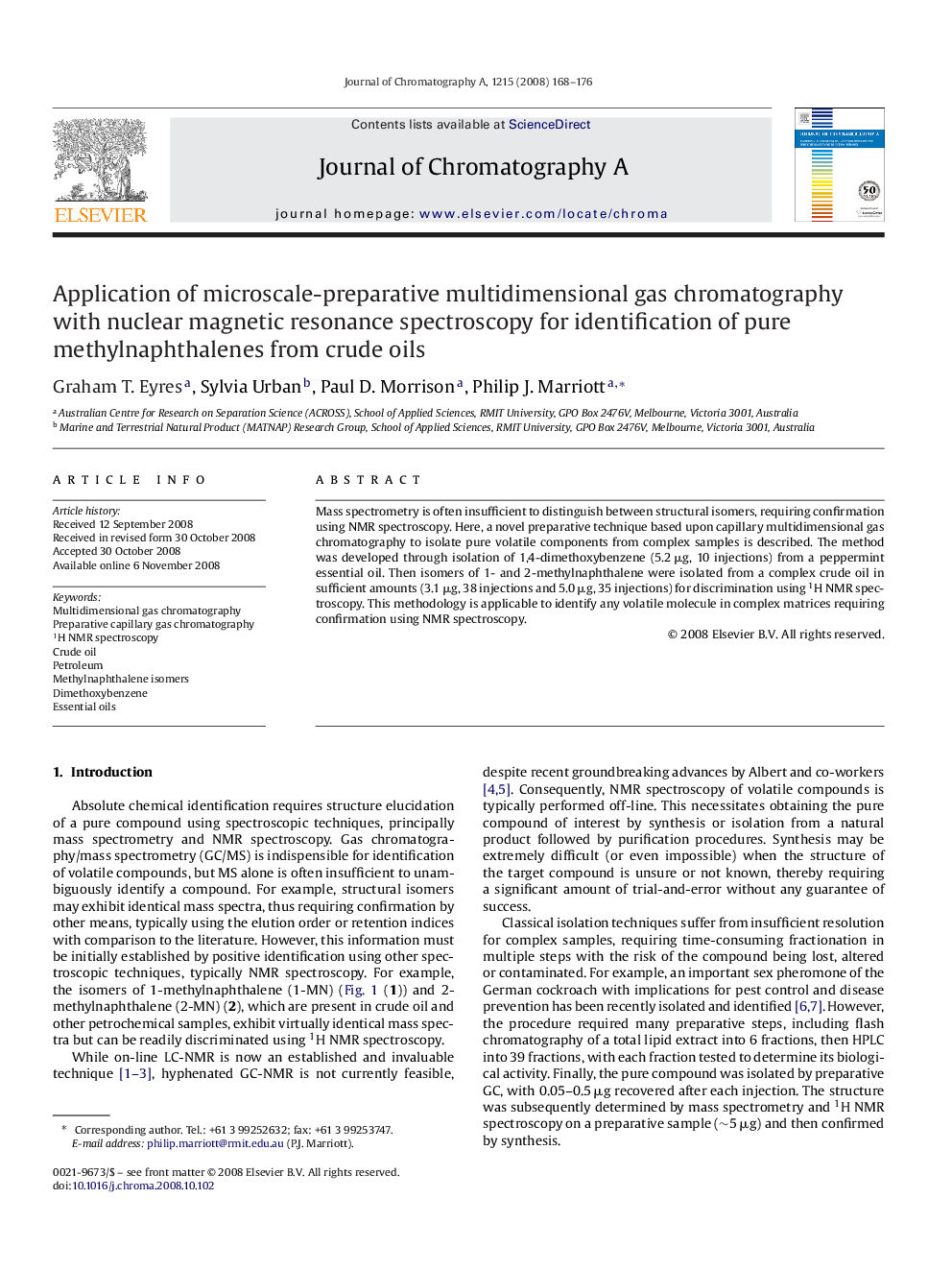 Application of microscale-preparative multidimensional gas chromatography with nuclear magnetic resonance spectroscopy for identification of pure methylnaphthalenes from crude oils