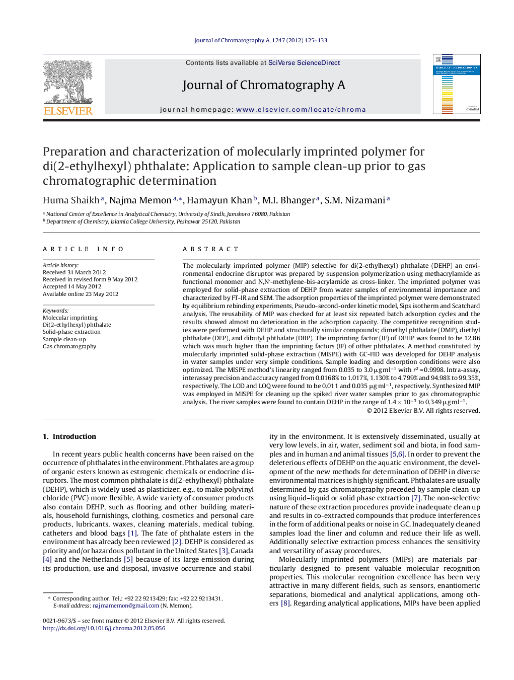 Preparation and characterization of molecularly imprinted polymer for di(2-ethylhexyl) phthalate: Application to sample clean-up prior to gas chromatographic determination