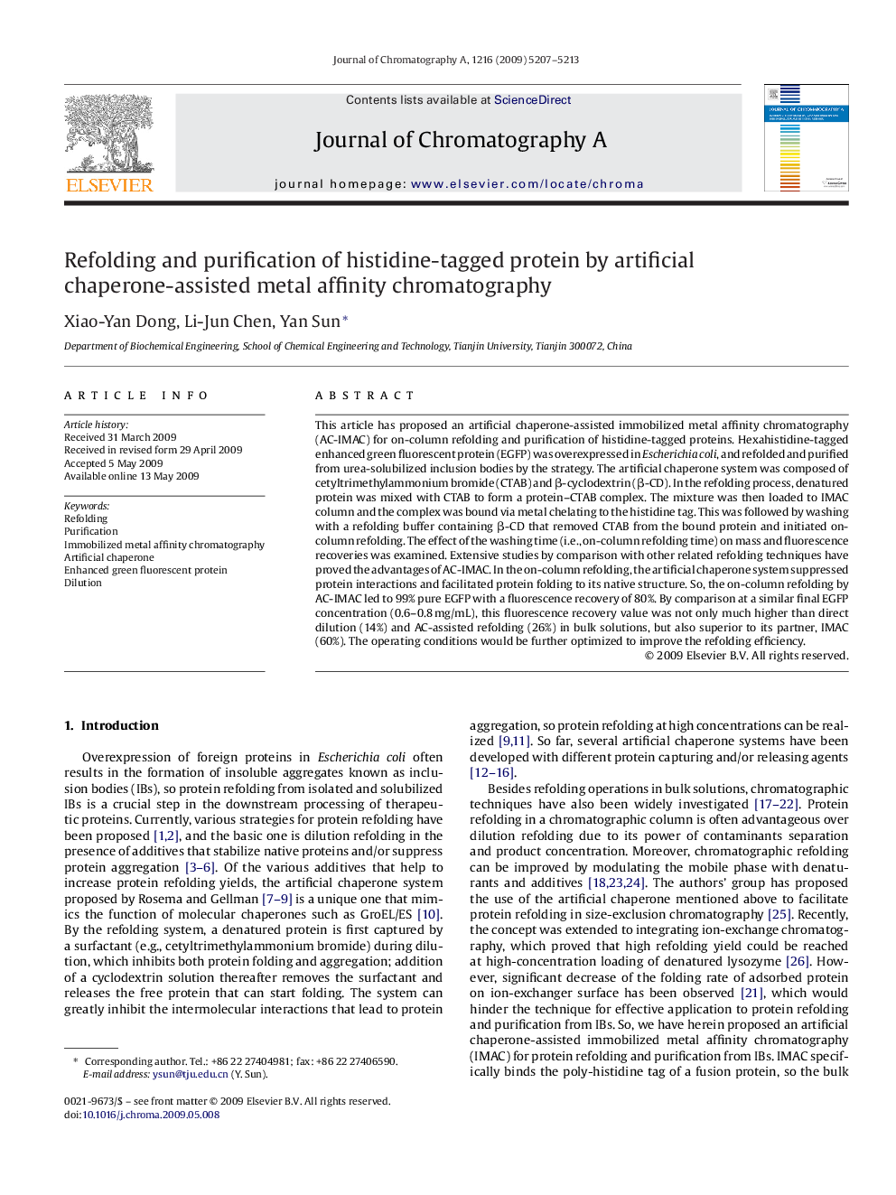 Refolding and purification of histidine-tagged protein by artificial chaperone-assisted metal affinity chromatography