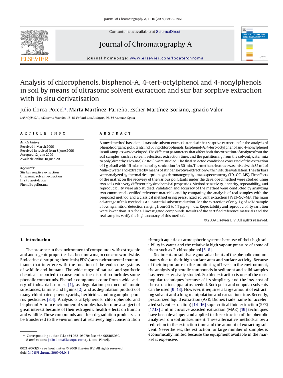 Analysis of chlorophenols, bisphenol-A, 4-tert-octylphenol and 4-nonylphenols in soil by means of ultrasonic solvent extraction and stir bar sorptive extraction with in situ derivatisation