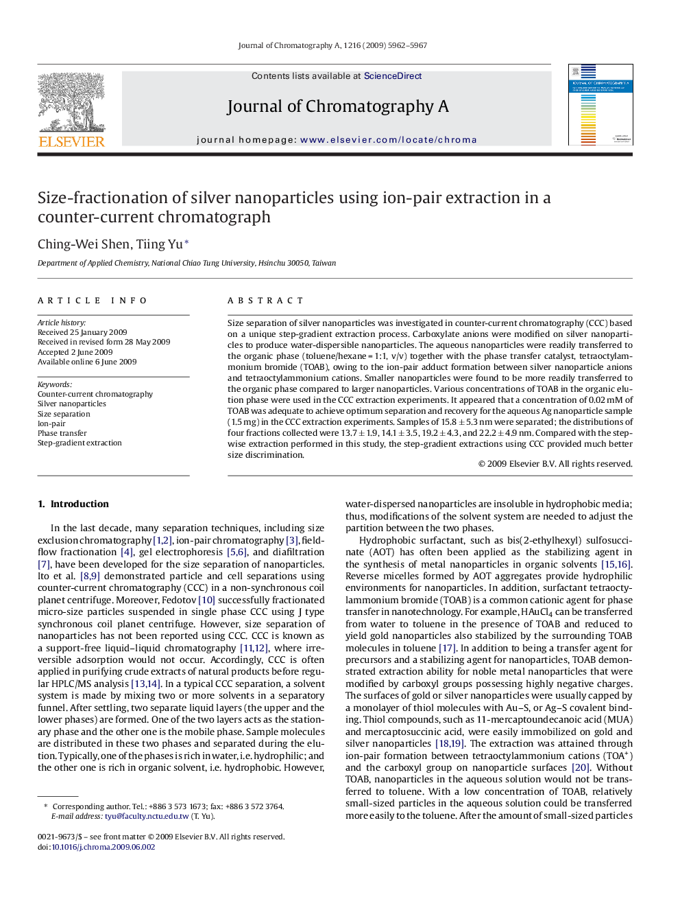 Size-fractionation of silver nanoparticles using ion-pair extraction in a counter-current chromatograph