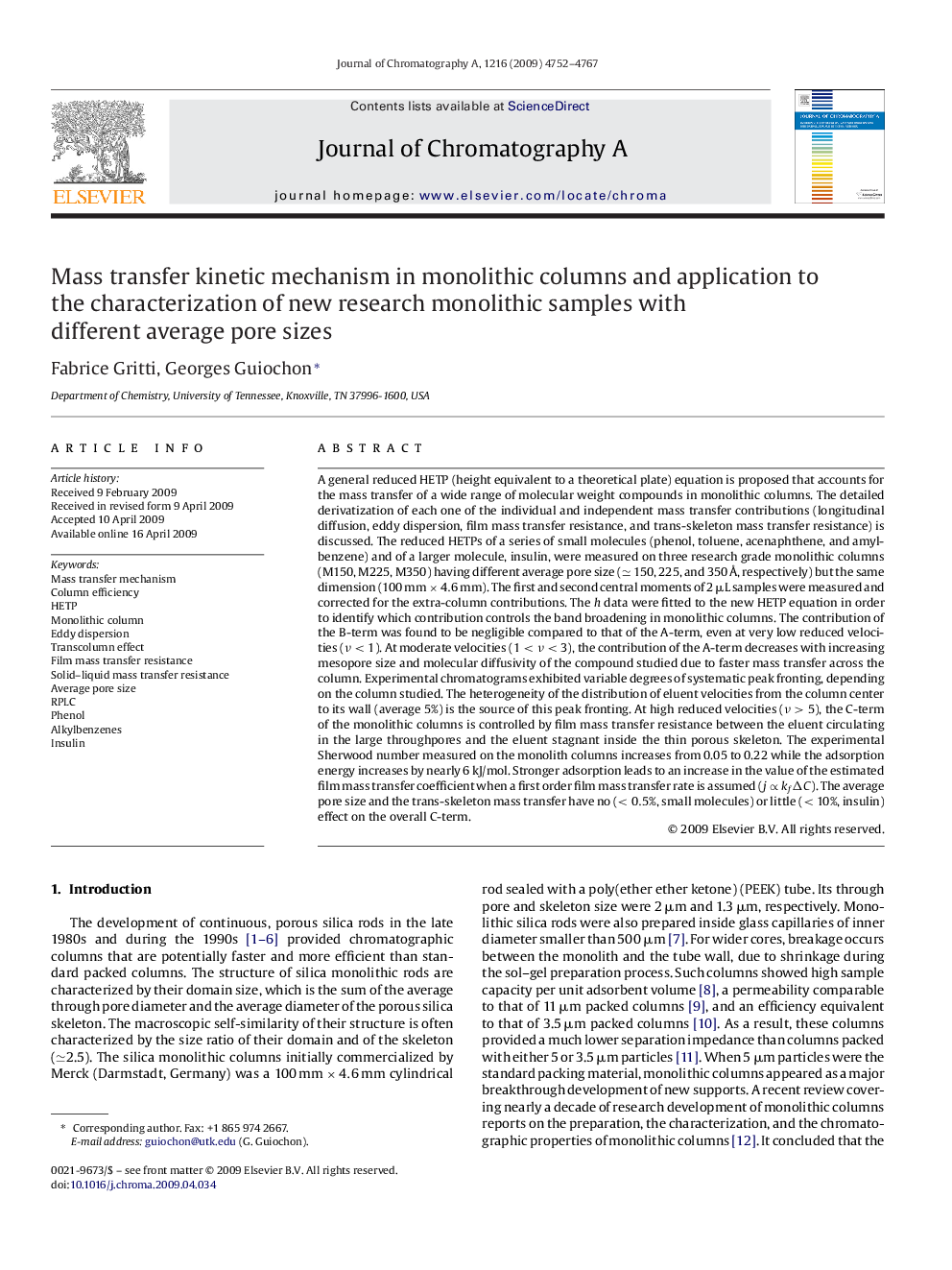 Mass transfer kinetic mechanism in monolithic columns and application to the characterization of new research monolithic samples with different average pore sizes