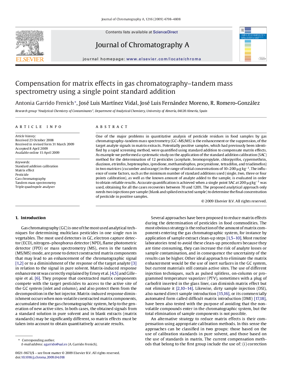 Compensation for matrix effects in gas chromatography–tandem mass spectrometry using a single point standard addition