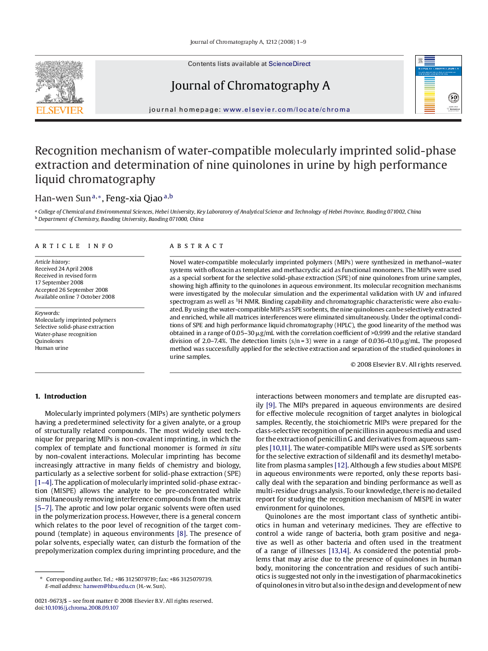 Recognition mechanism of water-compatible molecularly imprinted solid-phase extraction and determination of nine quinolones in urine by high performance liquid chromatography
