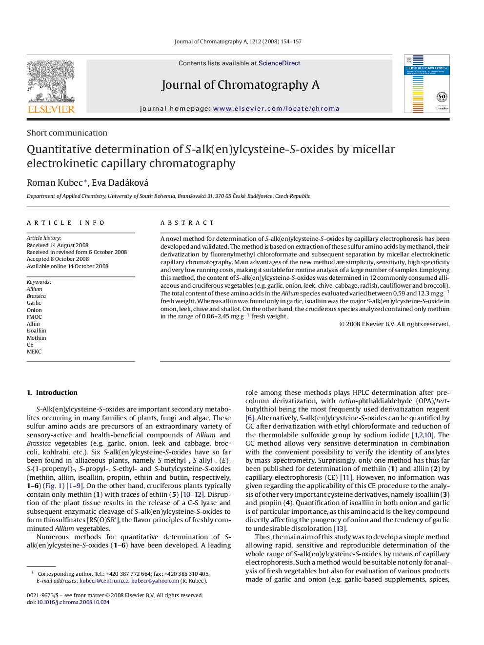 Quantitative determination of S-alk(en)ylcysteine-S-oxides by micellar electrokinetic capillary chromatography