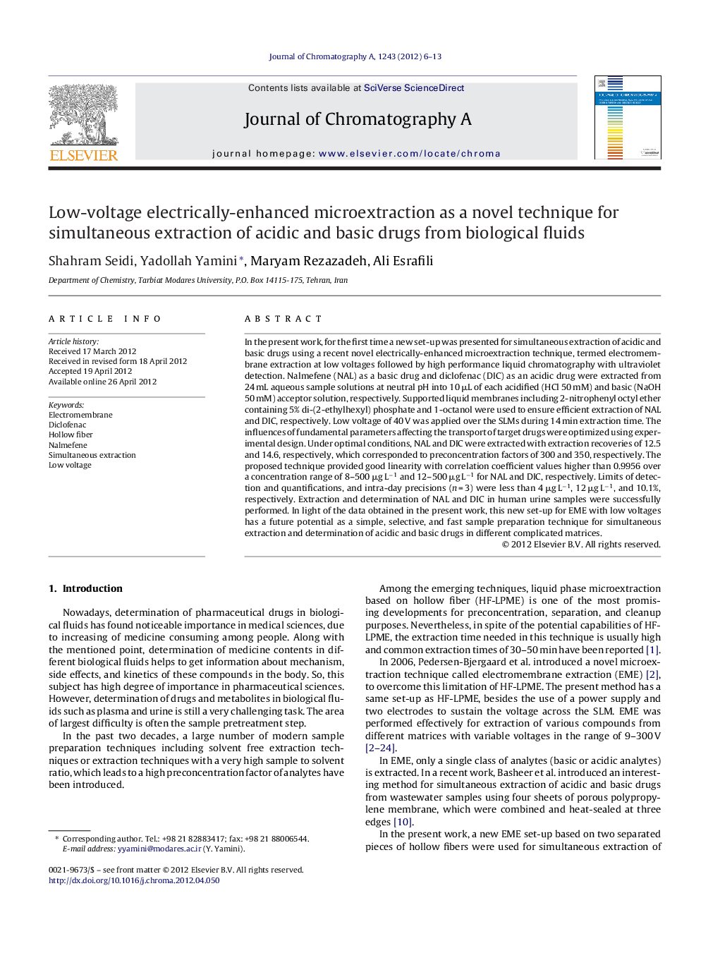 Low-voltage electrically-enhanced microextraction as a novel technique for simultaneous extraction of acidic and basic drugs from biological fluids