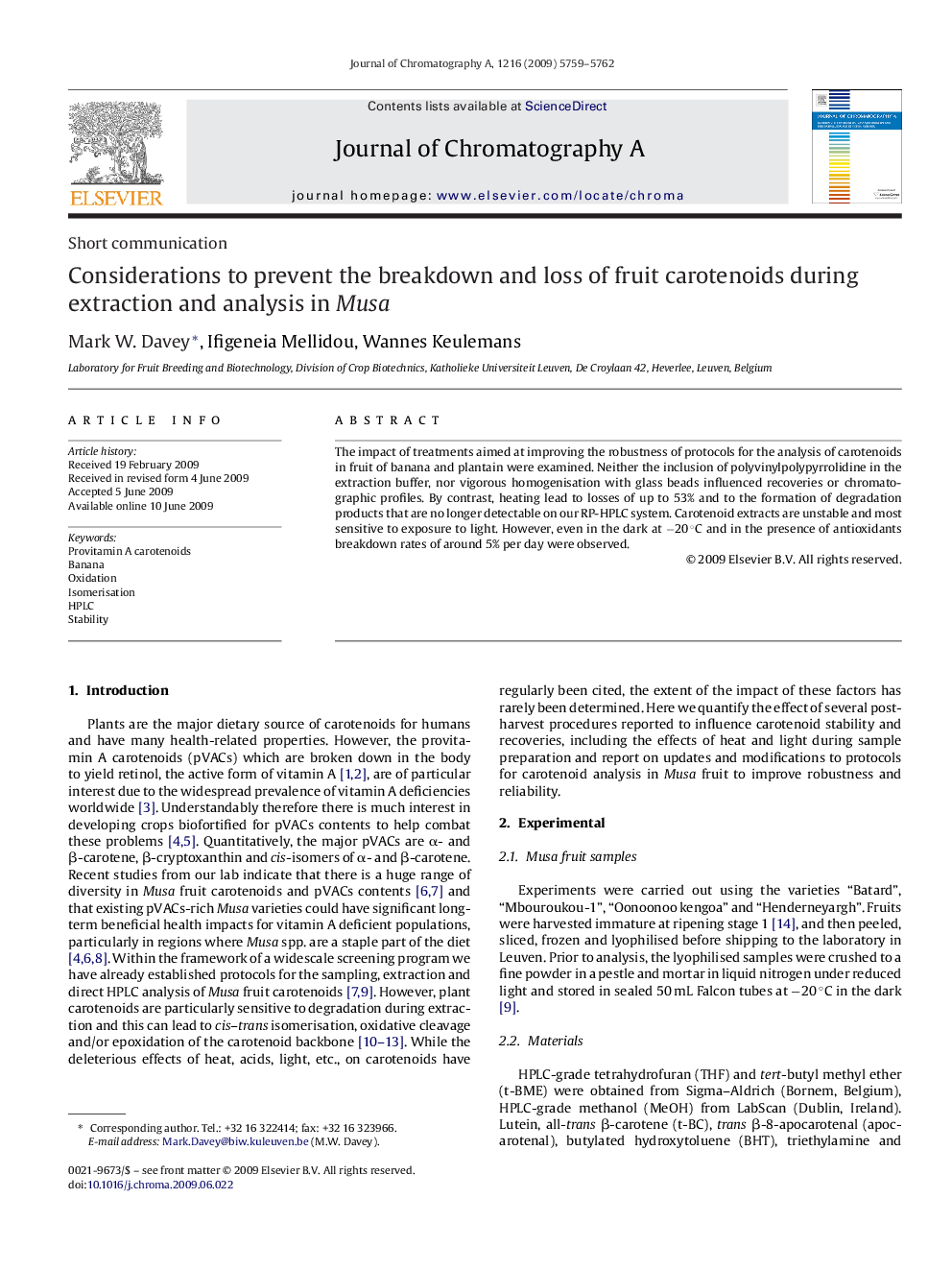 Considerations to prevent the breakdown and loss of fruit carotenoids during extraction and analysis in Musa