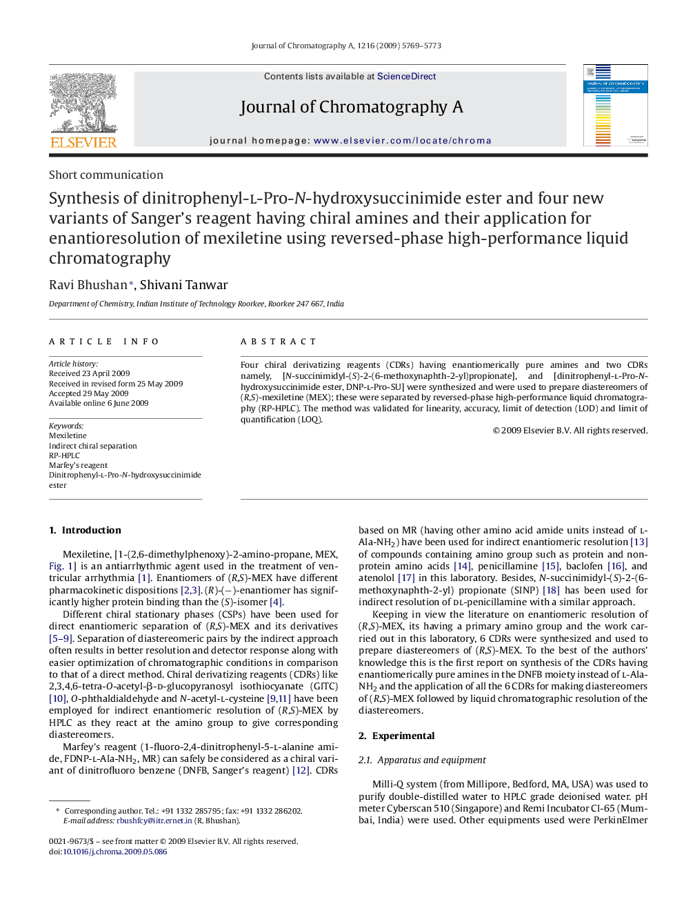 Synthesis of dinitrophenyl-l-Pro-N-hydroxysuccinimide ester and four new variants of Sanger's reagent having chiral amines and their application for enantioresolution of mexiletine using reversed-phase high-performance liquid chromatography