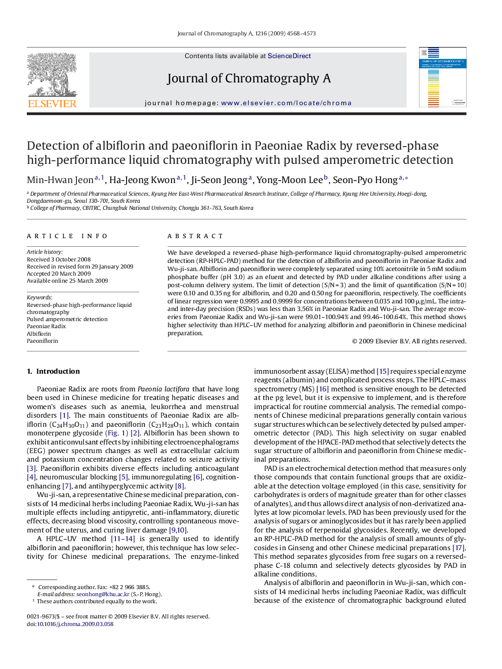 Detection of albiflorin and paeoniflorin in Paeoniae Radix by reversed-phase high-performance liquid chromatography with pulsed amperometric detection