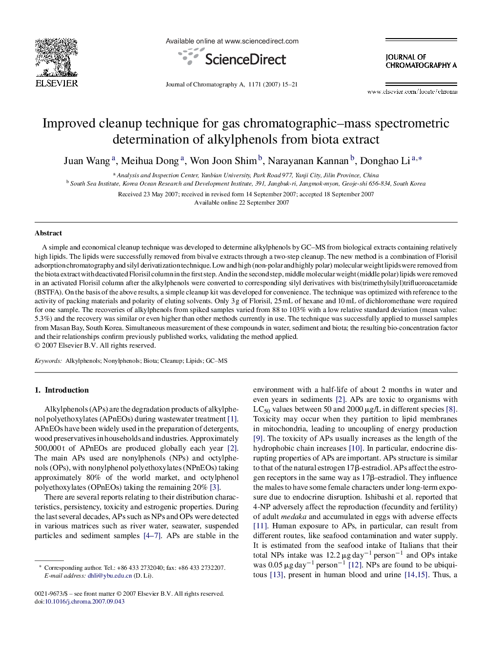 Improved cleanup technique for gas chromatographic–mass spectrometric determination of alkylphenols from biota extract