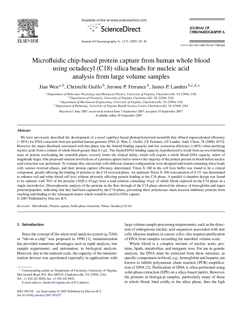 Microfluidic chip-based protein capture from human whole blood using octadecyl (C18) silica beads for nucleic acid analysis from large volume samples