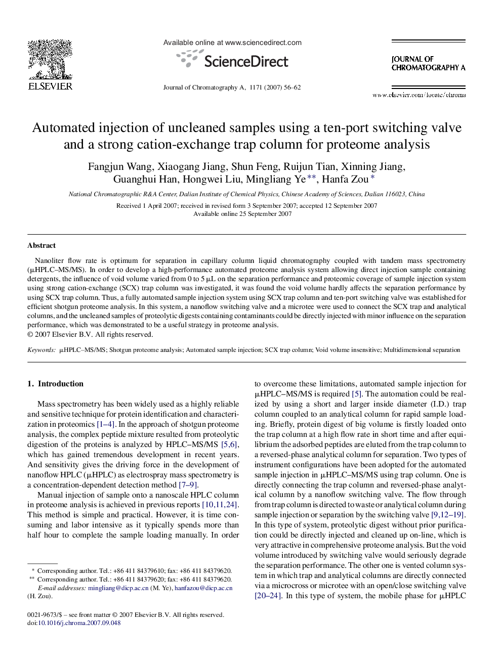 Automated injection of uncleaned samples using a ten-port switching valve and a strong cation-exchange trap column for proteome analysis