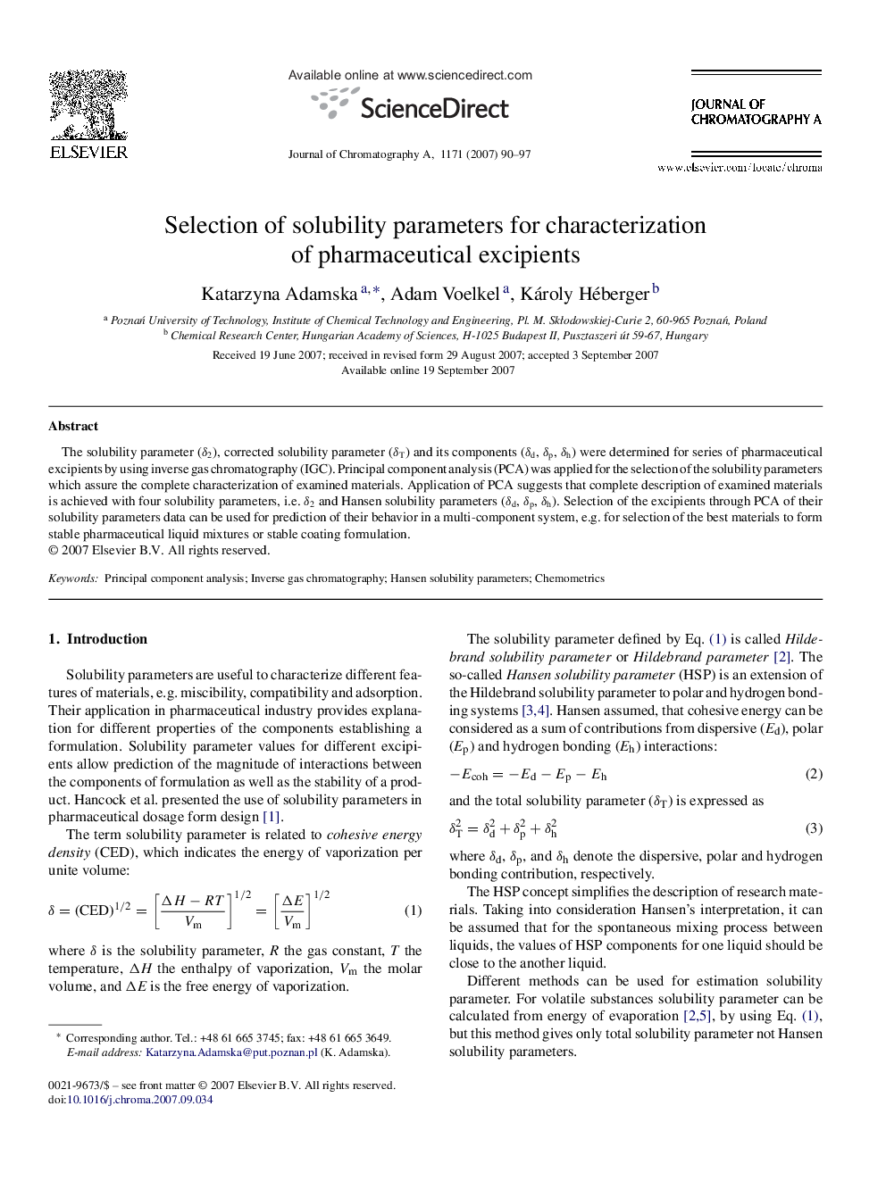 Selection of solubility parameters for characterization of pharmaceutical excipients