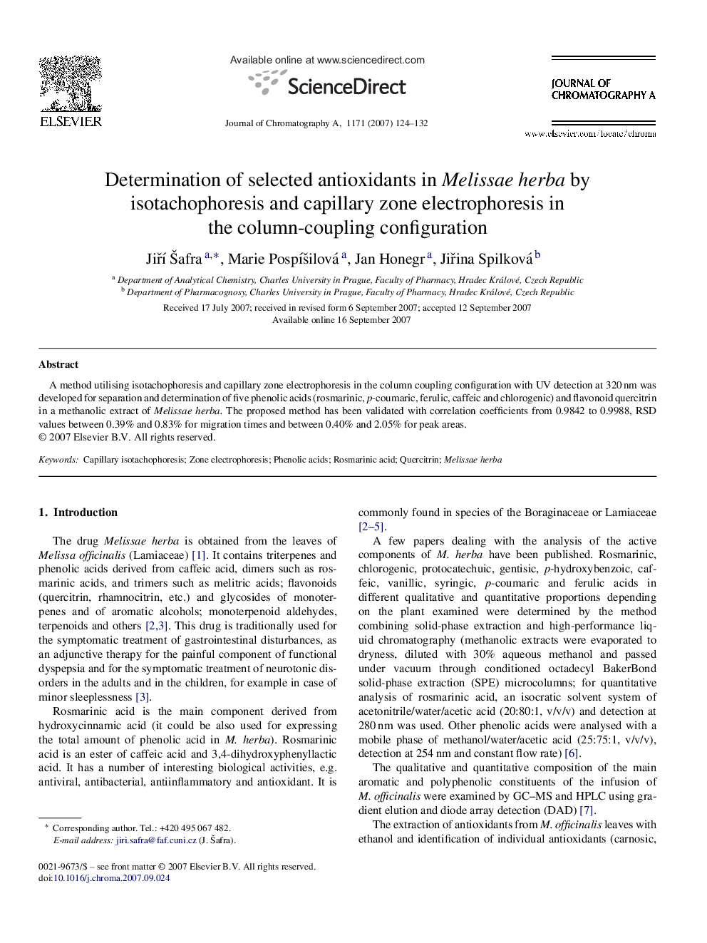 Determination of selected antioxidants in Melissae herba by isotachophoresis and capillary zone electrophoresis in the column-coupling configuration