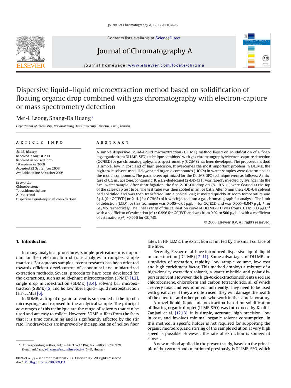 Dispersive liquid–liquid microextraction method based on solidification of floating organic drop combined with gas chromatography with electron-capture or mass spectrometry detection