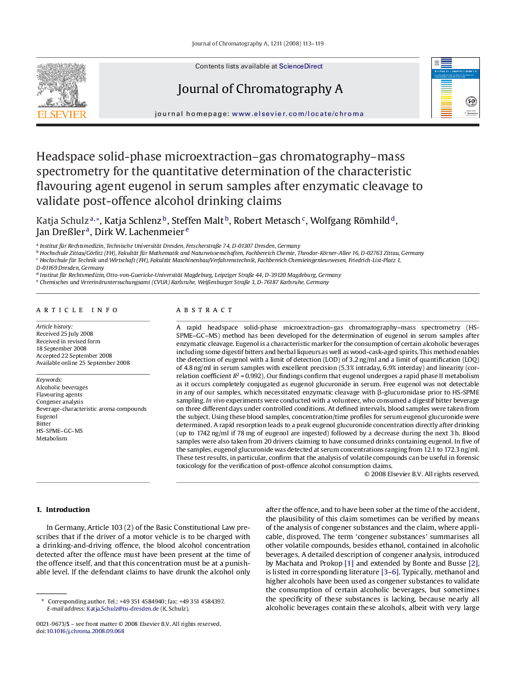 Headspace solid-phase microextraction–gas chromatography–mass spectrometry for the quantitative determination of the characteristic flavouring agent eugenol in serum samples after enzymatic cleavage to validate post-offence alcohol drinking claims