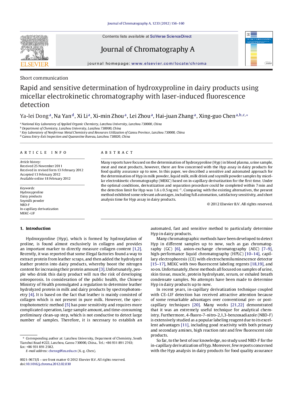 Rapid and sensitive determination of hydroxyproline in dairy products using micellar electrokinetic chromatography with laser-induced fluorescence detection