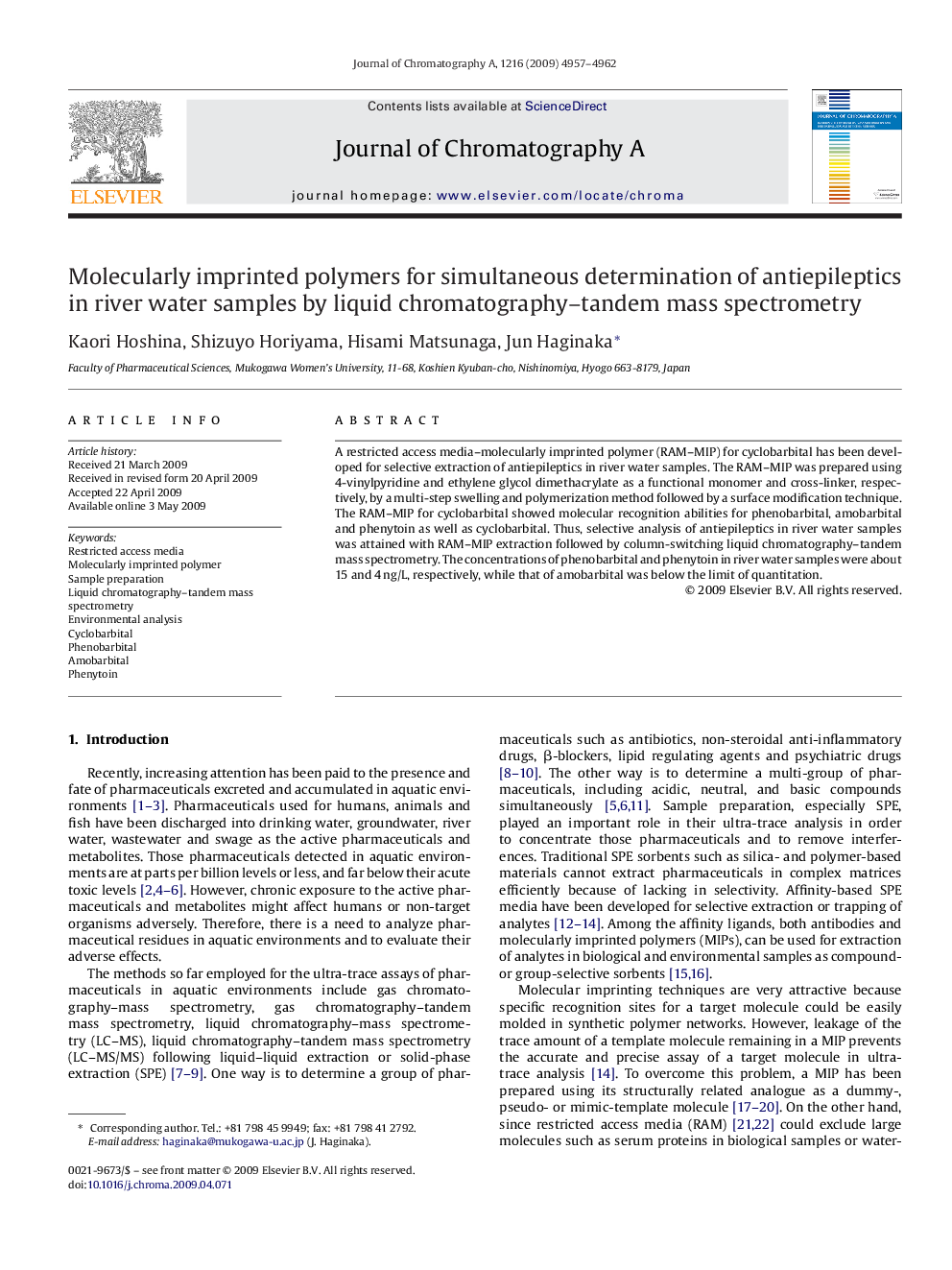 Molecularly imprinted polymers for simultaneous determination of antiepileptics in river water samples by liquid chromatography–tandem mass spectrometry