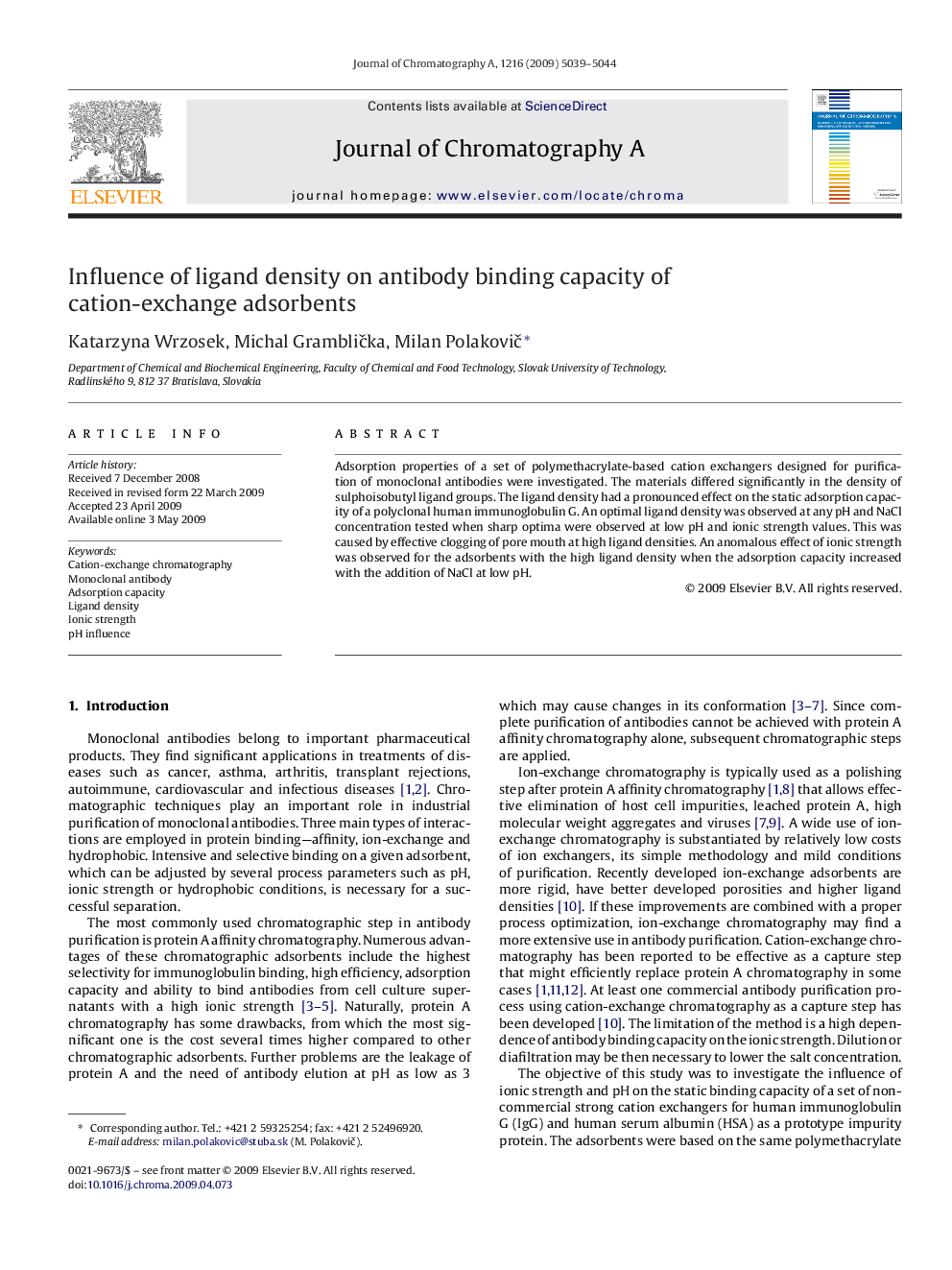 Influence of ligand density on antibody binding capacity of cation-exchange adsorbents