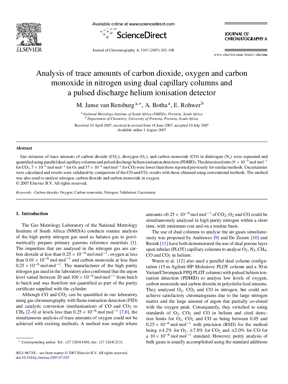 Analysis of trace amounts of carbon dioxide, oxygen and carbon monoxide in nitrogen using dual capillary columns and a pulsed discharge helium ionisation detector