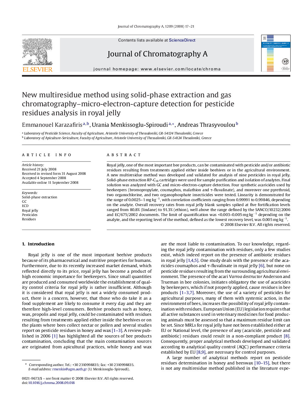 عکس صفحه اول مقاله: New multiresidue method using solid-phase extraction and gas chromatography–micro-electron-capture detection for pesticide residues analysis in royal jelly New multiresidue method using solid-phase extraction and gas chromatography–micro-electron-capture detection for pesticide residues analysis in royal jelly