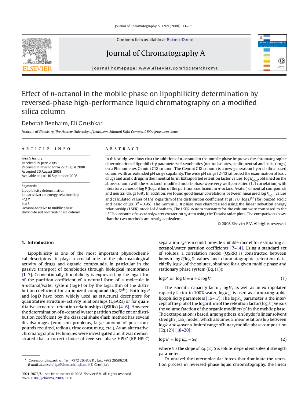 Effect of n-octanol in the mobile phase on lipophilicity determination by reversed-phase high-performance liquid chromatography on a modified silica column