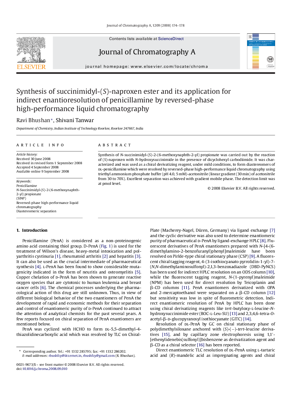 Synthesis of succinimidyl-(S)-naproxen ester and its application for indirect enantioresolution of penicillamine by reversed-phase high-performance liquid chromatography