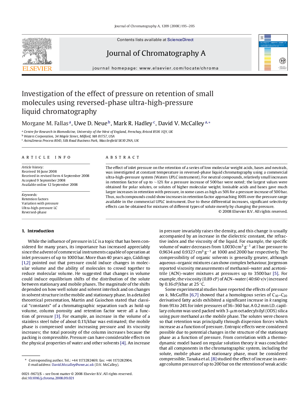 Investigation of the effect of pressure on retention of small molecules using reversed-phase ultra-high-pressure liquid chromatography