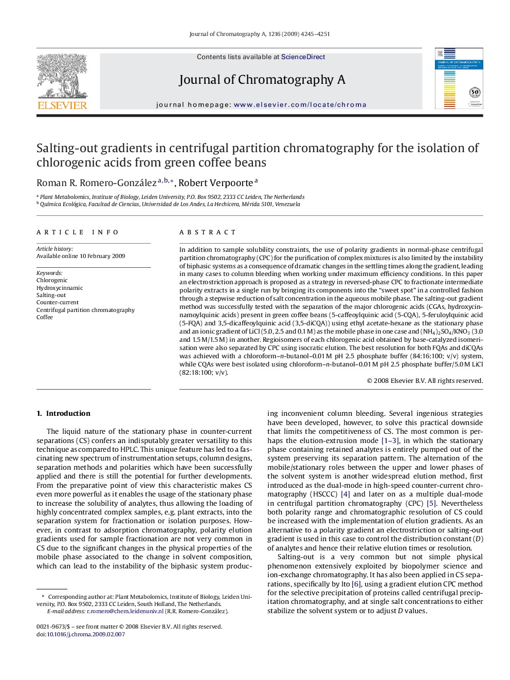 Salting-out gradients in centrifugal partition chromatography for the isolation of chlorogenic acids from green coffee beans