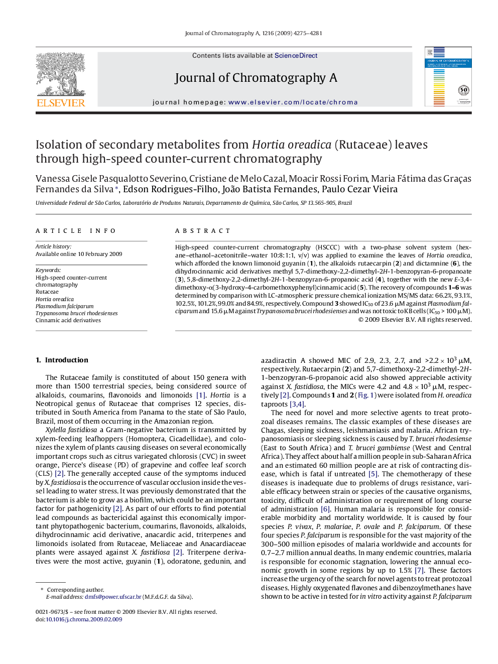 Isolation of secondary metabolites from Hortia oreadica (Rutaceae) leaves through high-speed counter-current chromatography