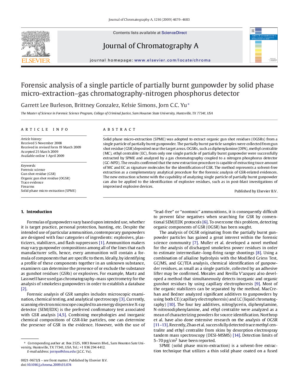 Forensic analysis of a single particle of partially burnt gunpowder by solid phase micro-extraction–gas chromatography-nitrogen phosphorus detector