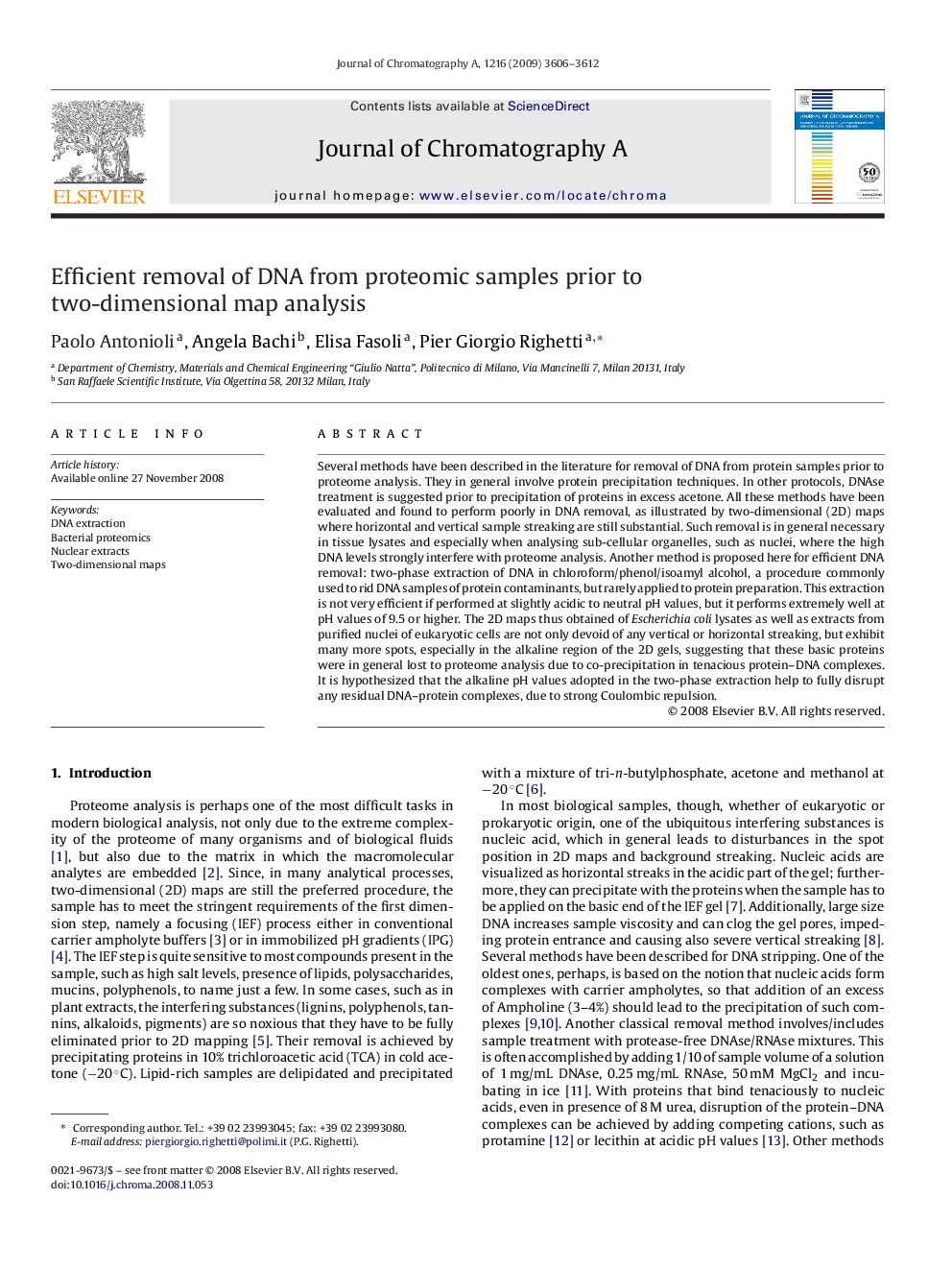 Efficient removal of DNA from proteomic samples prior to two-dimensional map analysis