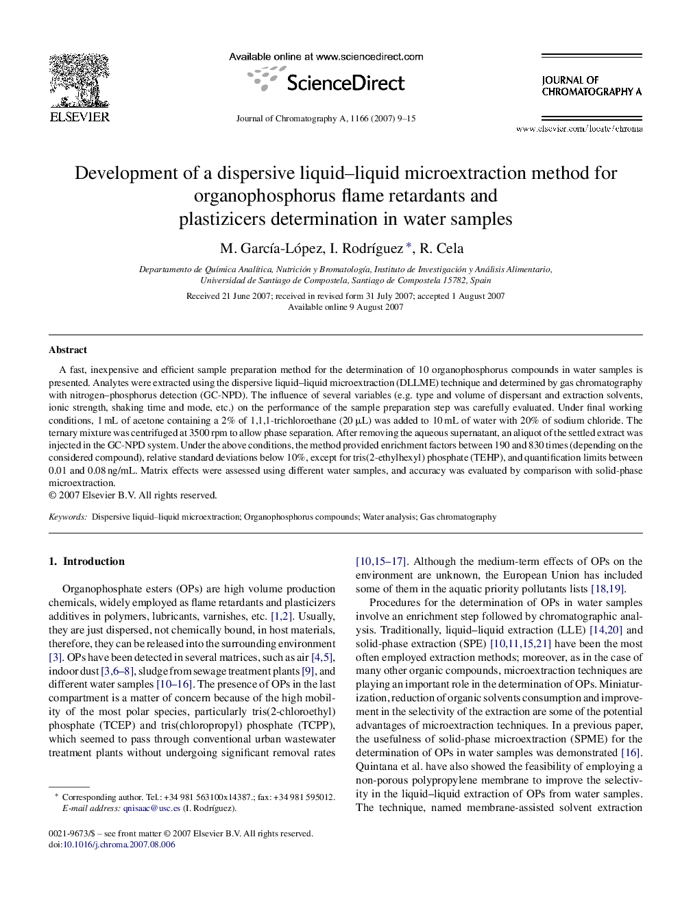 Development of a dispersive liquid–liquid microextraction method for organophosphorus flame retardants and plasticizers determination in water samples