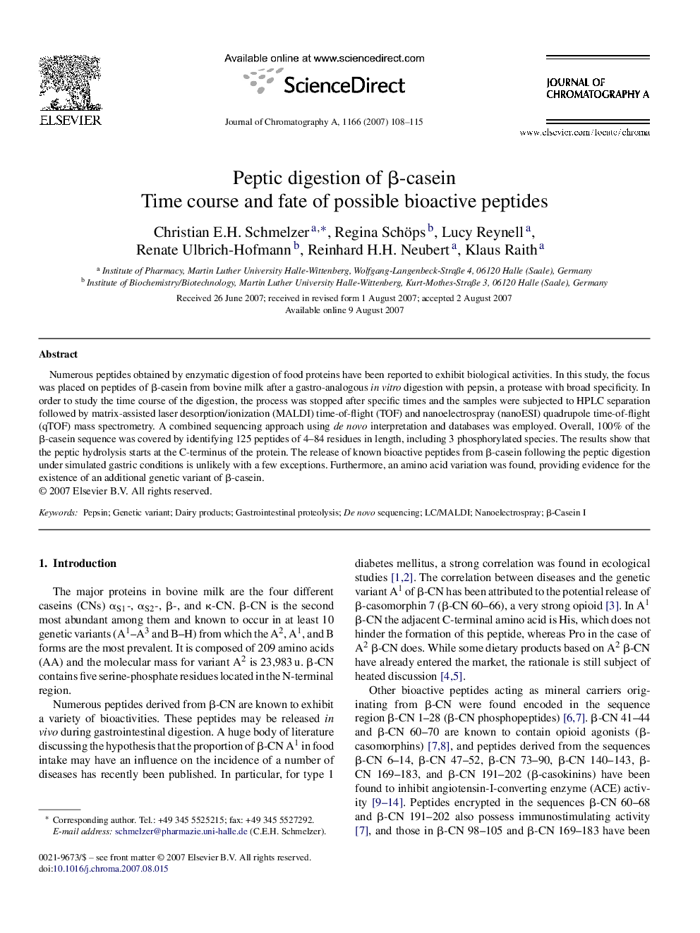 Peptic digestion of β-casein: Time course and fate of possible bioactive peptides