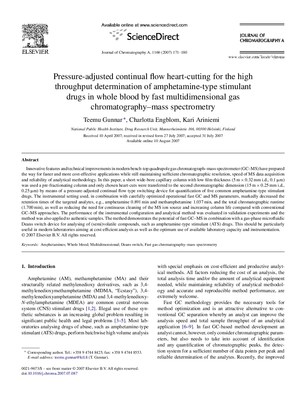 Pressure-adjusted continual flow heart-cutting for the high throughput determination of amphetamine-type stimulant drugs in whole blood by fast multidimensional gas chromatography–mass spectrometry