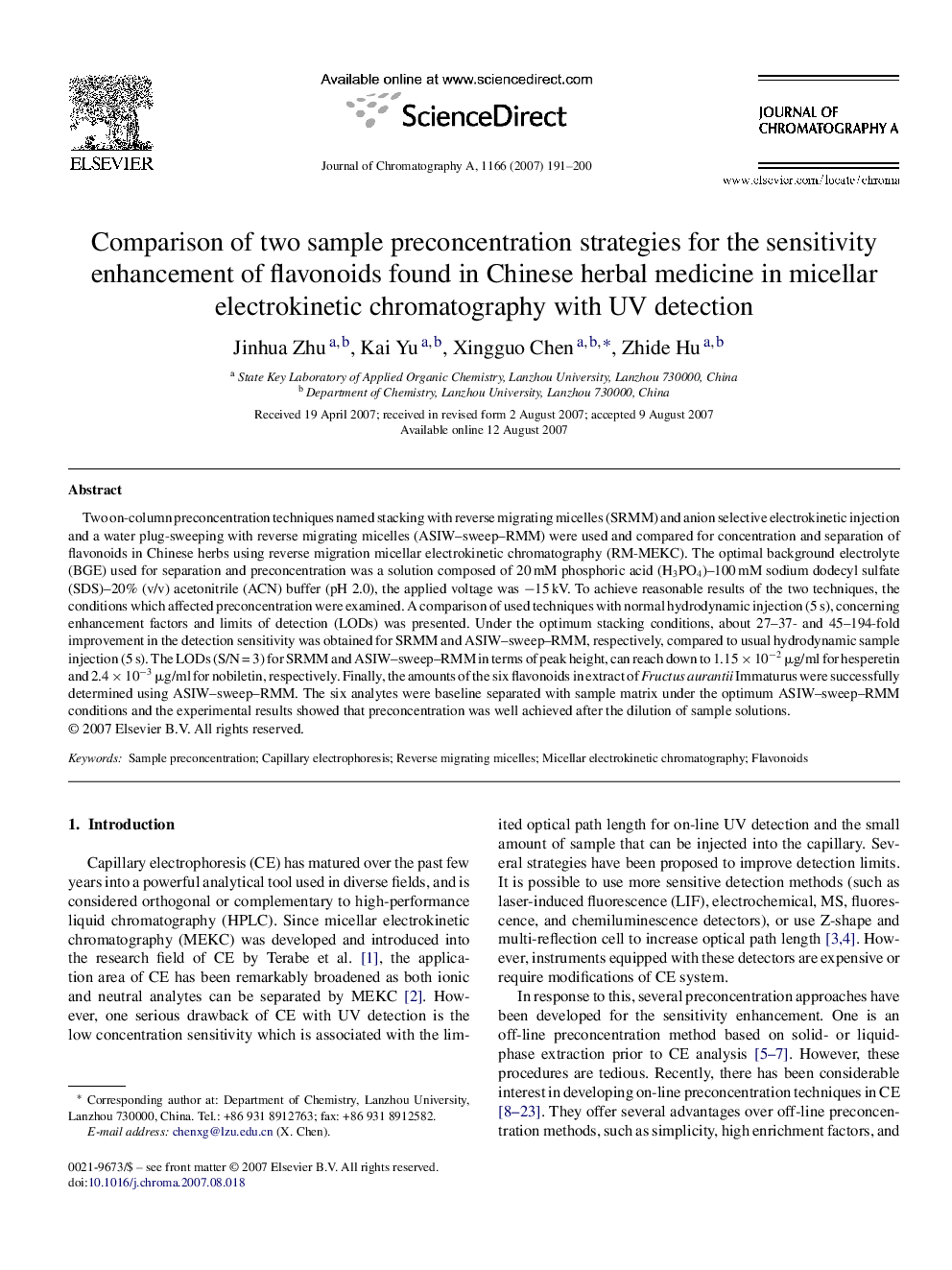 Comparison of two sample preconcentration strategies for the sensitivity enhancement of flavonoids found in Chinese herbal medicine in micellar electrokinetic chromatography with UV detection