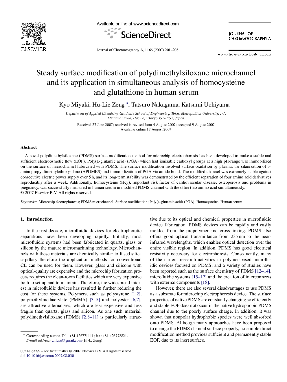 Steady surface modification of polydimethylsiloxane microchannel and its application in simultaneous analysis of homocysteine and glutathione in human serum