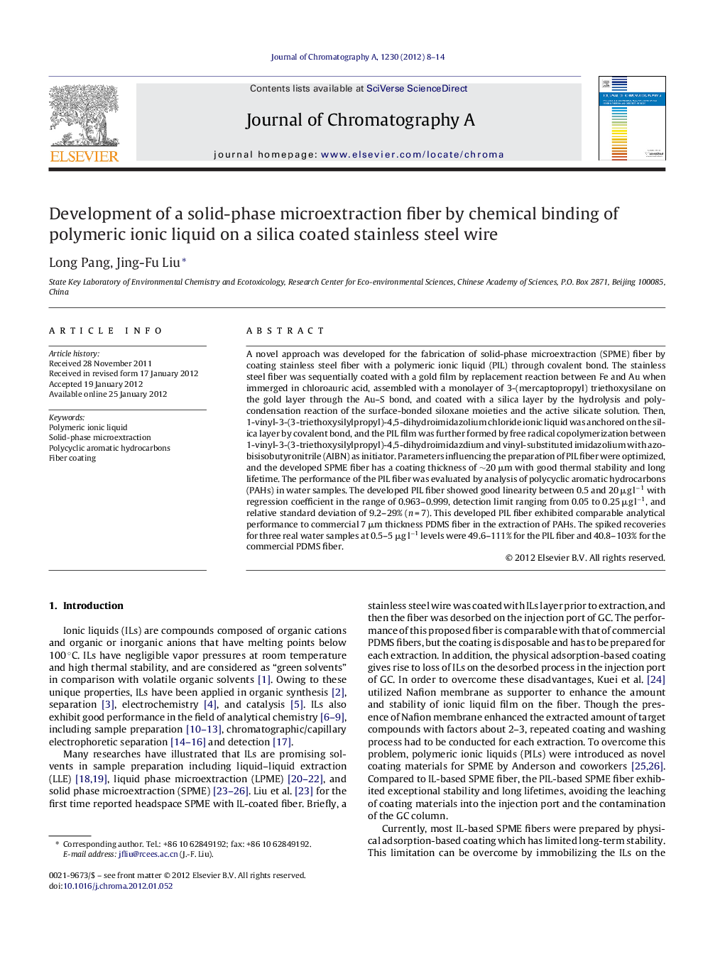 Development of a solid-phase microextraction fiber by chemical binding of polymeric ionic liquid on a silica coated stainless steel wire