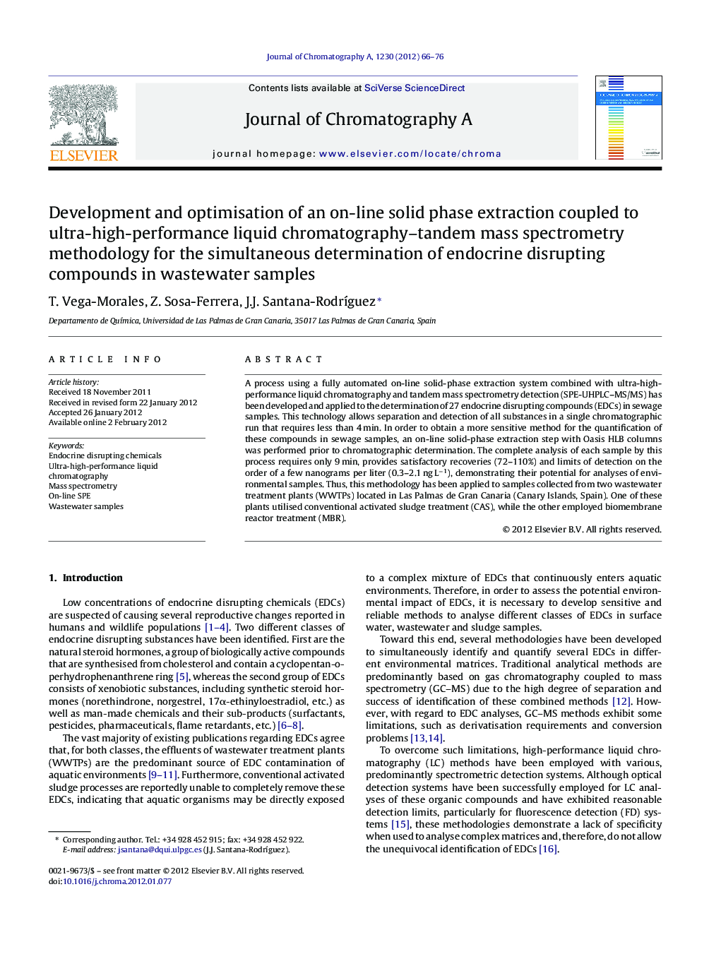 Development and optimisation of an on-line solid phase extraction coupled to ultra-high-performance liquid chromatography–tandem mass spectrometry methodology for the simultaneous determination of endocrine disrupting compounds in wastewater samples