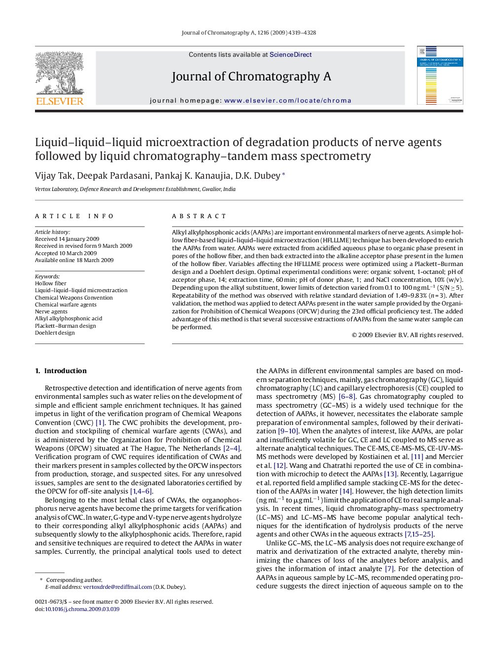 Liquid-liquid-liquid microextraction of degradation products of nerve agents followed by liquid chromatography-tandem mass spectrometry