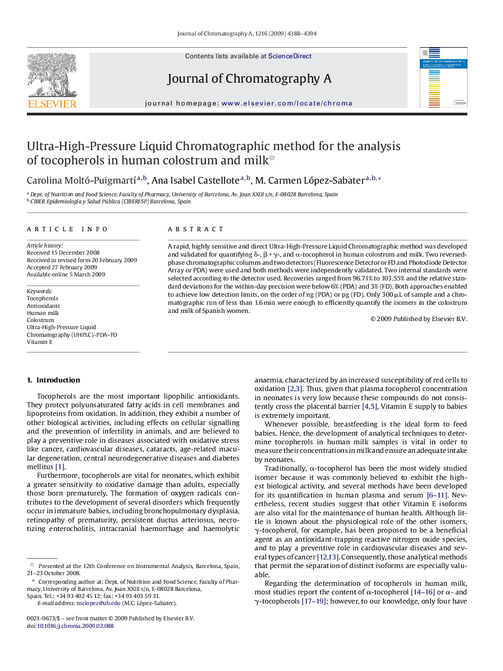 Ultra-High-Pressure Liquid Chromatographic method for the analysis of tocopherols in human colostrum and milk 