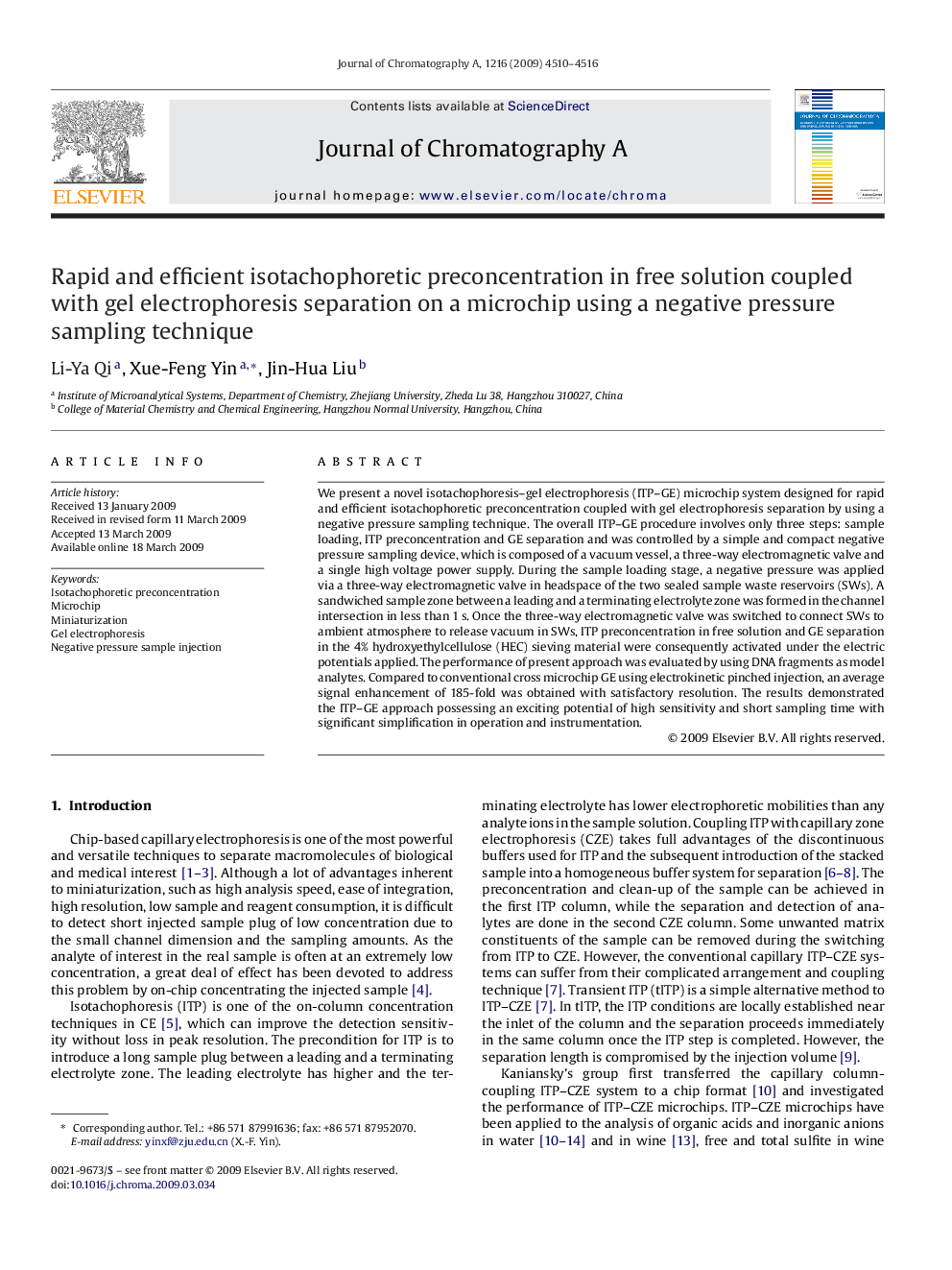 Rapid and efficient isotachophoretic preconcentration in free solution coupled with gel electrophoresis separation on a microchip using a negative pressure sampling technique