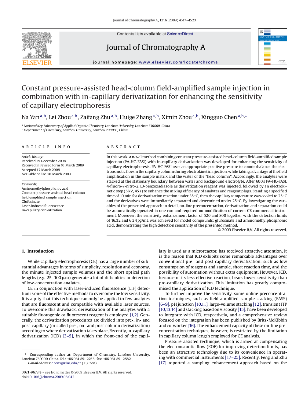 Constant pressure-assisted head-column field-amplified sample injection in combination with in-capillary derivatization for enhancing the sensitivity of capillary electrophoresis