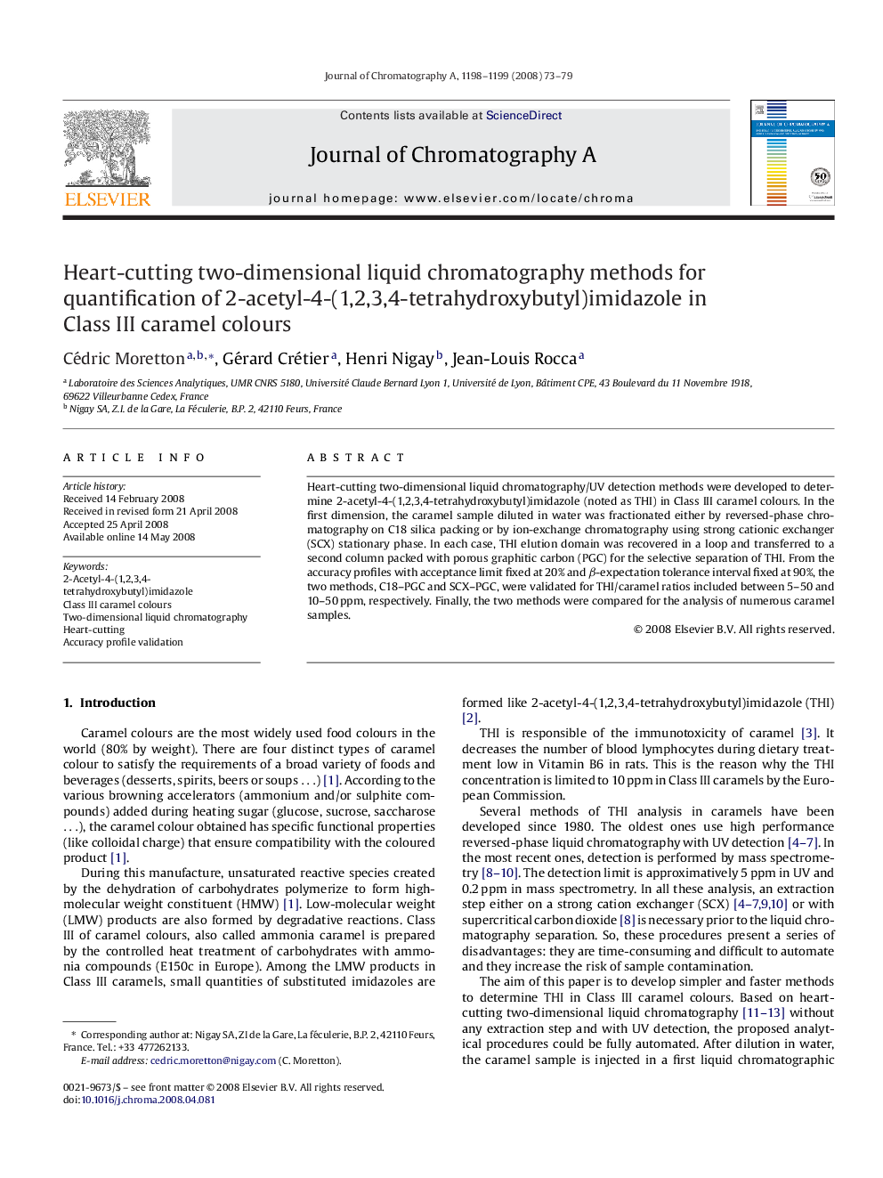 Heart-cutting two-dimensional liquid chromatography methods for quantification of 2-acetyl-4-(1,2,3,4-tetrahydroxybutyl)imidazole in Class III caramel colours