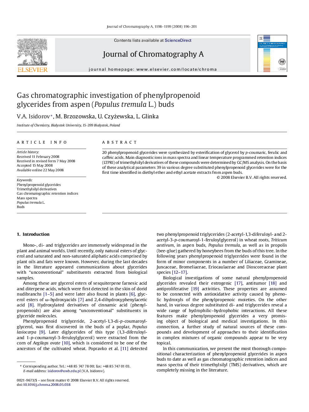 Gas chromatographic investigation of phenylpropenoid glycerides from aspen (Populus tremula L.) buds