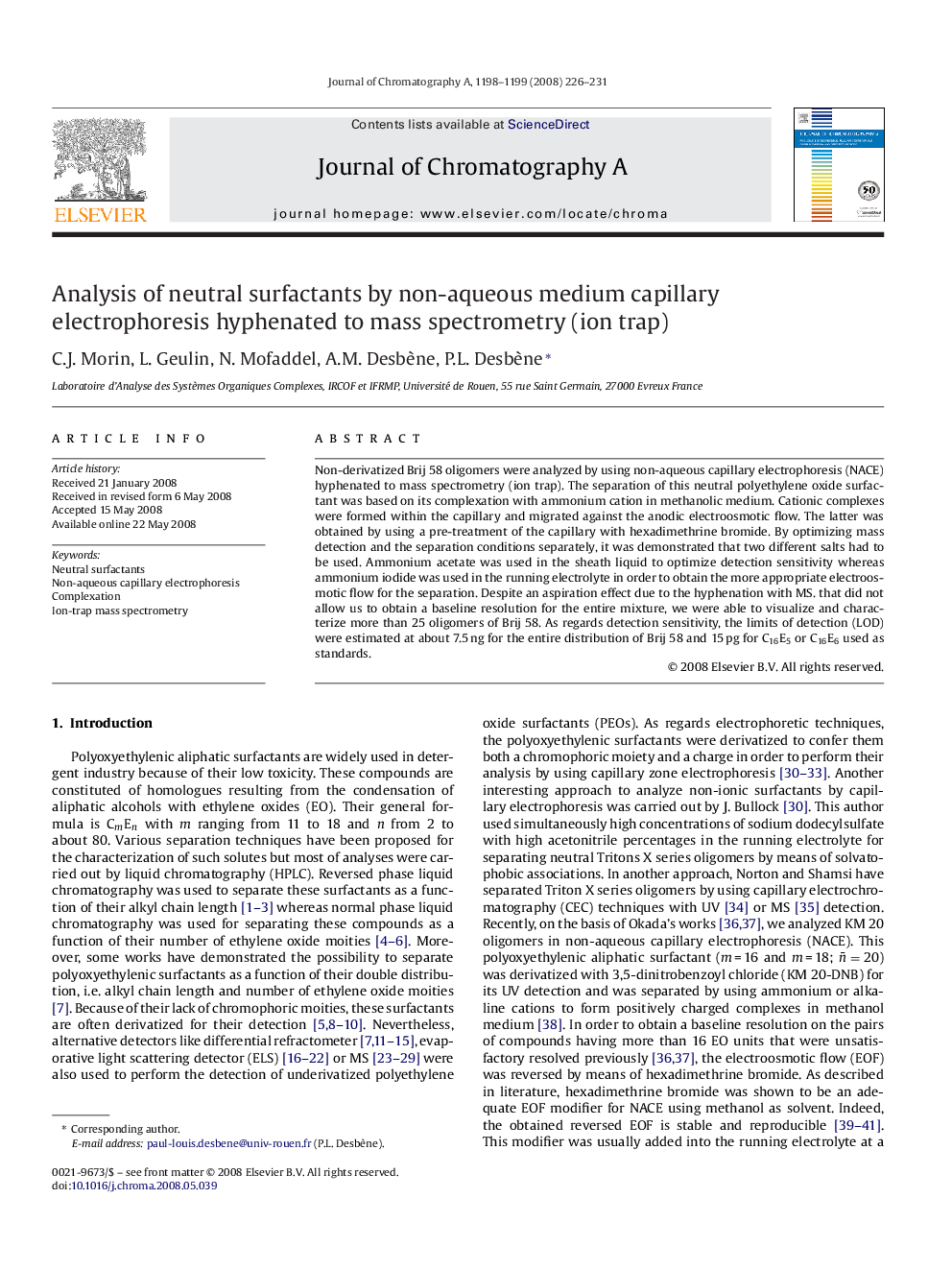 Analysis of neutral surfactants by non-aqueous medium capillary electrophoresis hyphenated to mass spectrometry (ion trap)